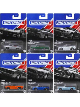 Mattel مجموعة طقم سيارات عضلات أمريكية كلاسيكية من ماتشبوكس 6 قطع، مجموعة طرز مصغرة 1:64 قابلة للجمع - طرز من 1953-2018 (بويك سكايلارك، كاديلاك إلدورادو، فورد موستانج، شيفروليه كامارو إس إس/كورفيت)، مع تعبئة عرض معلقة