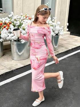SHEIN فستان ميدي مريح للفتيات المراهقات بخصر مشدود وأكتاف مكشوفة، تصميم بسيط وعصري