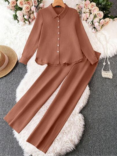 SHEIN LUNE مجموعة قميص وبنطلون من قماش ذو ملمس نسيجي، أكمام طويلة، ذيل منحني، لون أحادي للنساء، 2 قطعة