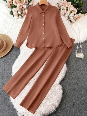 SHEIN LUNE مجموعة قميص وبنطلون من قماش ذو ملمس نسيجي، أكمام طويلة، ذيل منحني، لون أحادي للنساء، 2 قطعة