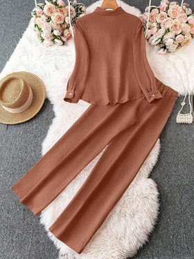 SHEIN LUNE مجموعة قميص وبنطلون من قماش ذو ملمس نسيجي، أكمام طويلة، ذيل منحني، لون أحادي للنساء، 2 قطعة