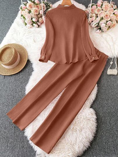 SHEIN LUNE مجموعة قميص وبنطلون من قماش ذو ملمس نسيجي، أكمام طويلة، ذيل منحني، لون أحادي للنساء، 2 قطعة