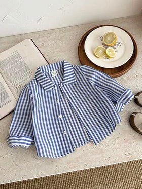 SHEIN قمصان طويلة الأكمام مخططة مريحة وعملية للأطفال في فصل الخريف، مناسبة لحفلات عيد الميلاد، الحفلات المسائية، الأداءات، حفلات الزفاف، احتفالات البدر الكامل، المعمودية وعيد الميلاد الأول