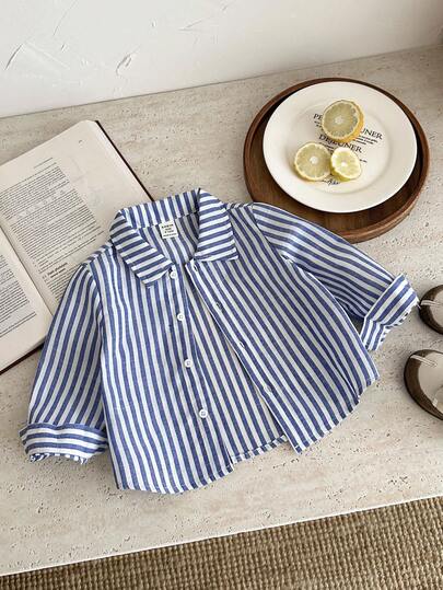 SHEIN قمصان طويلة الأكمام مخططة مريحة وعملية للأطفال في فصل الخريف، مناسبة لحفلات عيد الميلاد، الحفلات المسائية، الأداءات، حفلات الزفاف، احتفالات البدر الكامل، المعمودية وعيد الميلاد الأول