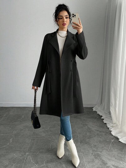 Rafferiza جاكيت نسائية ذات لون أحادي من الجلد المدبوغ المزيف ذات صدر مزدوج وجيوب جانبية عادية
