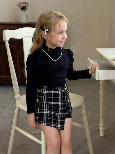 LMoss Kids مجموعة قميص كنزة بياقة عالية وشورت لون أحادي للفتيات الصغيرات، قطعتان