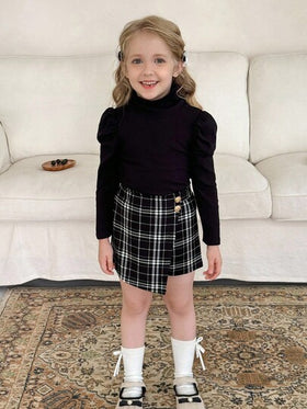LMoss Kids مجموعة قميص كنزة بياقة عالية وشورت لون أحادي للفتيات الصغيرات، قطعتان