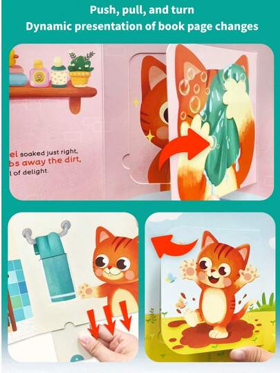 beartale كتاب قصص تفاعلي قابل للطي، كتاب صور أنشطة حيوانات يومية (ديك الرومي يستيقظ، قطة تغسل وجهها، حصان يفرش أسنانه، دب ينظف غرفته)، مناسب لأطفال من 3 إلى 6 سنوات، لعبة هادئة للسفر بطريقة مونتيسوري، تنوير ما قبل المدرسة وقراءة قبل النوم