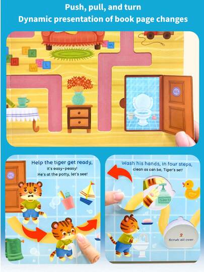 beartale كتاب قصص تفاعلي قابل للطي، كتاب صور أنشطة حيوانات يومية (ديك الرومي يستيقظ، قطة تغسل وجهها، حصان يفرش أسنانه، دب ينظف غرفته)، مناسب لأطفال من 3 إلى 6 سنوات، لعبة هادئة للسفر بطريقة مونتيسوري، تنوير ما قبل المدرسة وقراءة قبل النوم