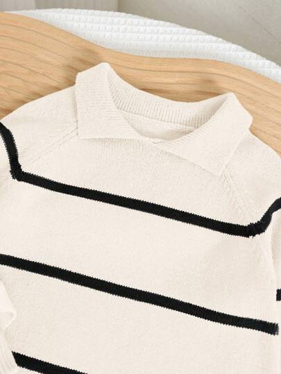 SHEIN بدلة رومبر بياقة بولو ذات أكمام طويلة مخططة موضة جديدة للأطفال الرضع ولد/بنت، مناسبة للخريف والشتاء، للأطفال في الحضانة
