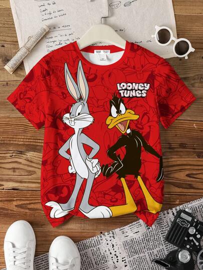 LOONEY TUNES X SHEIN قميص تي شيرت بياقة مستديرة وأكمام قصيرة مطبوع عليه رسوم كرتونية للفتيان المراهقين