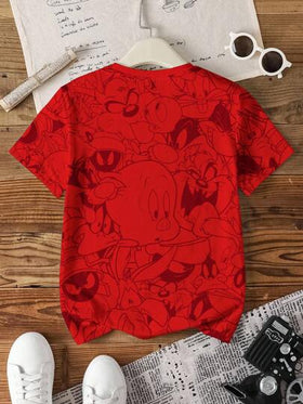 LOONEY TUNES X SHEIN قميص تي شيرت بياقة مستديرة وأكمام قصيرة مطبوع عليه رسوم كرتونية للفتيان المراهقين