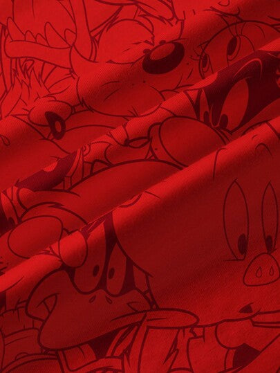 LOONEY TUNES X SHEIN قميص تي شيرت بياقة مستديرة وأكمام قصيرة مطبوع عليه رسوم كرتونية للفتيان المراهقين