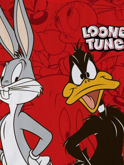 LOONEY TUNES X SHEIN قميص تي شيرت بياقة مستديرة وأكمام قصيرة مطبوع عليه رسوم كرتونية للفتيان المراهقين
