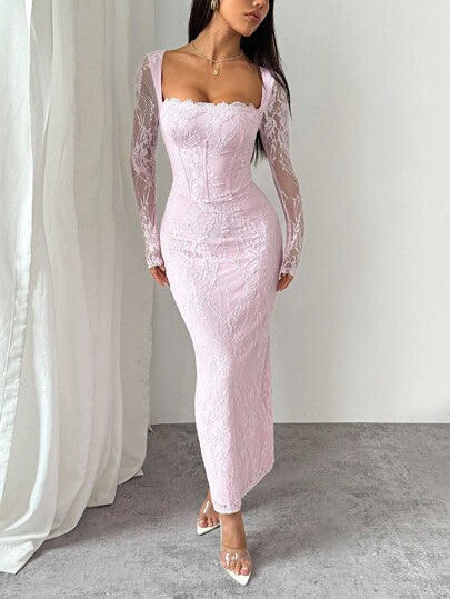 SHEIN PETITE فستان ماكسي أسود ضيق للجسم بياقة مربعة وأكمام طويلة من الدانتيل على شكل S مثير للحفلات والمناسبات الصيفية الجديد للنساء