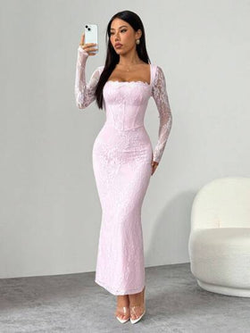 SHEIN PETITE فستان ماكسي أسود ضيق للجسم بياقة مربعة وأكمام طويلة من الدانتيل على شكل S مثير للحفلات والمناسبات الصيفية الجديد للنساء