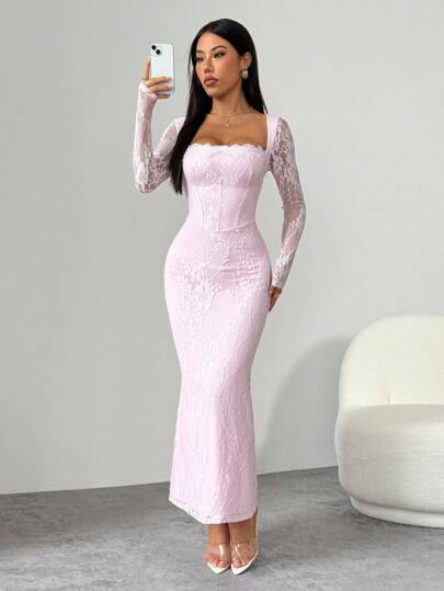SHEIN PETITE فستان ماكسي أسود ضيق للجسم بياقة مربعة وأكمام طويلة من الدانتيل على شكل S مثير للحفلات والمناسبات الصيفية الجديد للنساء