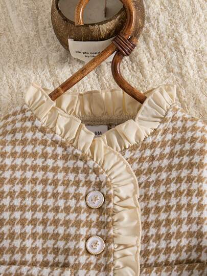 معطف أنيق بتصميم كشكش وخطوط هندسية بني داكن للبنات في فصل الخريف/الشتاء، وفستان فرنسي بتصميم بليسيه بني داكن