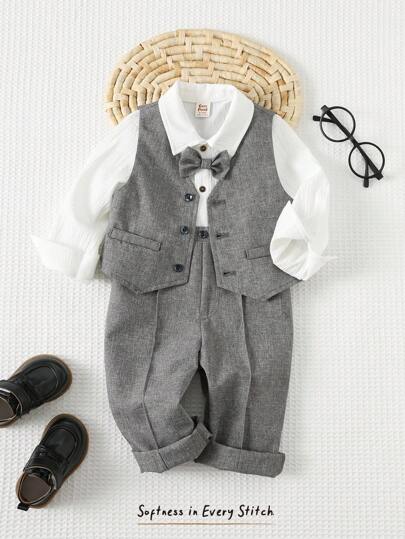 Cozy Pixies 3 قطع طقم ملابس شتوية/خريفية للطفل الولد بطراز جنتلمان، يشمل جاكيت صدرية رمادية، بنطال مع أربطة قابلة للفصل وخصر مطاطي، وقميص أبيض بأكمام طويلة مع ربطة عنق