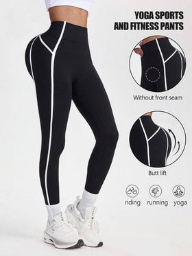 Gameset SHEIN Sport سروال يوغا ذو خصر عالي بتصميم شريطي متباين الألوان، بتصميم نحيف على الطراز الأوروبي والأمريكي، من قماش مرن عالي الجودة، مناسب للممارسة اليوغا والرياضة والارتداء اليومي، سروال رياضي عملي وأنيق باللون الأسود مع شريط أبيض