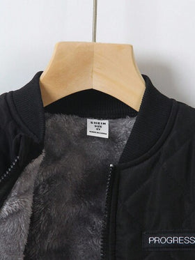 SHEIN Genkimix Kids 1 قطعة جاكيت شبابية كاجوال متعددة الاستخدامات من قماش مبطن بنمط ماسي رمادي اللون، مزينة برسومات حرفية، بياقة وأطراف مرنة، تصميم بسيط وأنيق مناسب للأولاد من عمر 4-7 سنوات للارتداء اليومي في فصلي الخريف والشتاء، مناسب للعودة إلى المدرسة