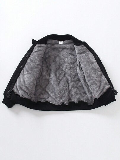 SHEIN Genkimix Kids 1 قطعة جاكيت شبابية كاجوال متعددة الاستخدامات من قماش مبطن بنمط ماسي رمادي اللون، مزينة برسومات حرفية، بياقة وأطراف مرنة، تصميم بسيط وأنيق مناسب للأولاد من عمر 4-7 سنوات للارتداء اليومي في فصلي الخريف والشتاء، مناسب للعودة إلى المدرسة