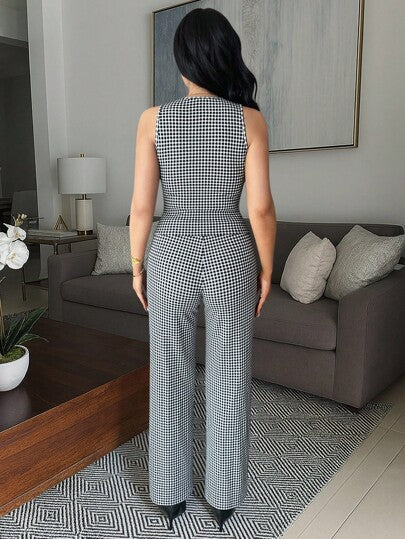Vavine مجموعة نسائية أنيقة من قطعتين بأزرار معدنية ذات رسومات مربعات باللونين الأسود والأبيض، خفيفة الوزن