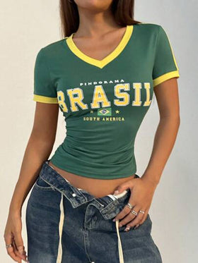 Flirla تي شيرت نسائي كاجوال رياضي بياقة على شكل حرف V وأكمام قصيرة، بتصميم ألوان متباينة على الطراز البرازيلي