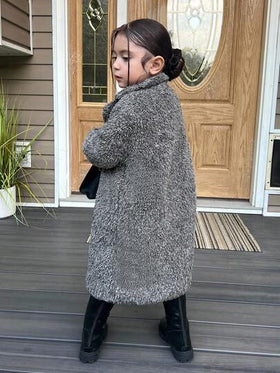 SHEIN معطف كاجوال مبطن بالفرو للفتيات، معطف شيربا رمادي طويل للأطفال، معطف دبدوب فتيات، معطف فرو طويل فتيات، معطف من الفليس للفتيات، معطف خريفي وشتوي