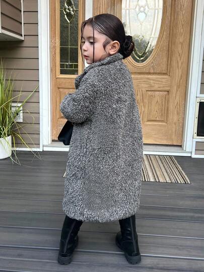 SHEIN معطف كاجوال مبطن بالفرو للفتيات، معطف شيربا رمادي طويل للأطفال، معطف دبدوب فتيات، معطف فرو طويل فتيات، معطف من الفليس للفتيات، معطف خريفي وشتوي