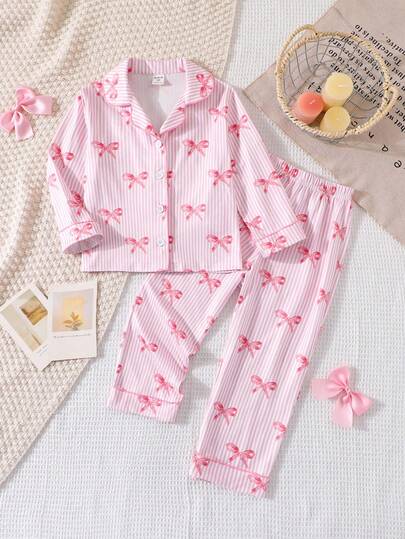 SHEIN طقم بيجامة كاجوال طويلة الأكمام مزين بعقدة وردية للفتيات الصغيرات