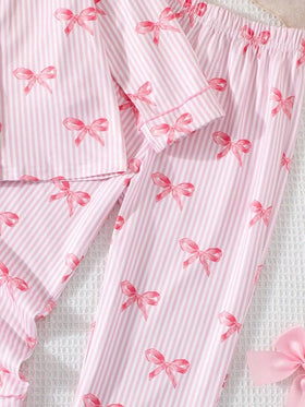 SHEIN طقم بيجامة كاجوال طويلة الأكمام مزين بعقدة وردية للفتيات الصغيرات