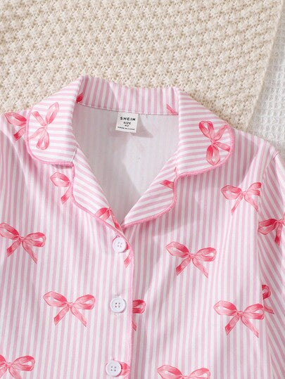 SHEIN طقم بيجامة كاجوال طويلة الأكمام مزين بعقدة وردية للفتيات الصغيرات