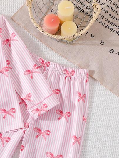 SHEIN طقم بيجامة كاجوال طويلة الأكمام مزين بعقدة وردية للفتيات الصغيرات
