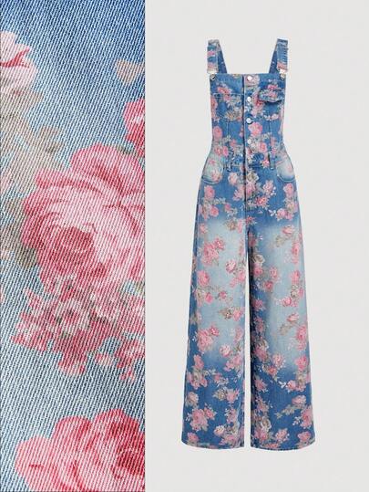 SHEIN MOD بنطلون جينز مطبوع بزهور مغسول كاجوال للنساء