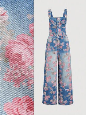 SHEIN MOD بنطلون جينز مطبوع بزهور مغسول كاجوال للنساء