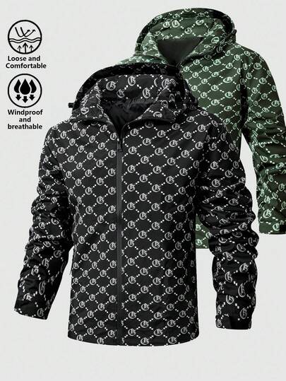 معطف رياح مطبوع بالكامل للرجال، جاكيت بومبر كاجوال ذات قبعة وسحاب للخريف/الربيع للارتداء في الخارج