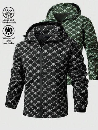 معطف رياح مطبوع بالكامل للرجال، جاكيت بومبر كاجوال ذات قبعة وسحاب للخريف/الربيع للارتداء في الخارج