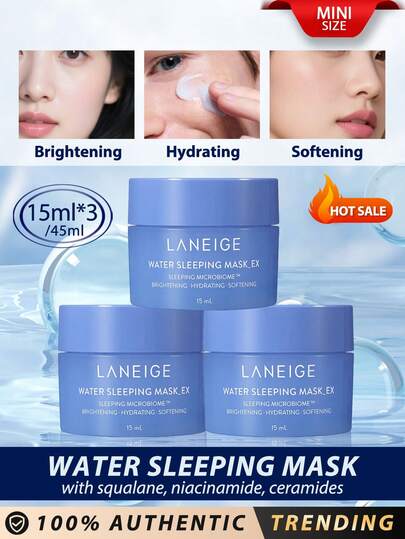 Laneige قناع النوم المائي [ميني] من لانيج 15مل*3/45مل / مُنير، مرطب، ناعم / قناع نوم كوري يرطب البشرة بعمق طوال الليل ويعيد إشراقتها. الصيغة الجلاتينية الخفيفة والمنعشة تهدئ البشرة برفق وتحافظ على الرطوبة لشعور خفيف ومريح. [تغليف عشوائي (نمطان)]