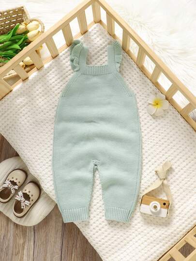 SHEIN قطعة واحدة جمبسوت رضيع بناتي وردية مكسرة الحمالات، جمبسوت قفزة مطرزة بشكل رقيق، مصنوعة من الأقمشة المحبوكة، إطلالة أنيقة وحلوة