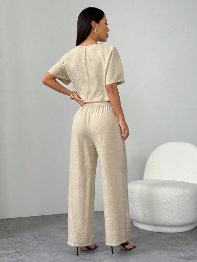 SHEIN PETITE مجموعة بلوزة وبنطلون ملون بطيات للنساء 2 قطعة، بدلة كاجوال رسمية، ملابس عمل للنساء، ملابس للمعلمات، طقم كاجوال من قطعتين للنساء
