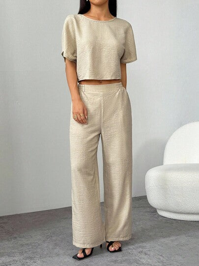 SHEIN PETITE مجموعة بلوزة وبنطلون ملون بطيات للنساء 2 قطعة، بدلة كاجوال رسمية، ملابس عمل للنساء، ملابس للمعلمات، طقم كاجوال من قطعتين للنساء
