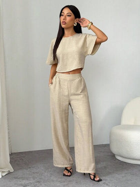 SHEIN PETITE مجموعة بلوزة وبنطلون ملون بطيات للنساء 2 قطعة، بدلة كاجوال رسمية، ملابس عمل للنساء، ملابس للمعلمات، طقم كاجوال من قطعتين للنساء