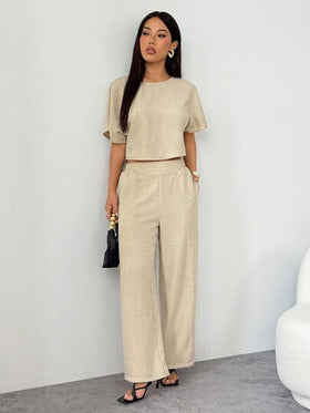 SHEIN PETITE مجموعة بلوزة وبنطلون ملون بطيات للنساء 2 قطعة، بدلة كاجوال رسمية، ملابس عمل للنساء، ملابس للمعلمات، طقم كاجوال من قطعتين للنساء