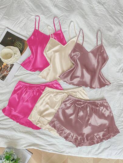 LuxeNights 3 قطع/مجموعة من طقم الملابس المنسق المصنوع من الحرير الاصطناعي مع تريم الكشكشة متباين الألوان