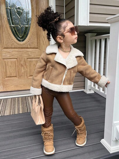 Emery Rose Kids Emery Rose Kids معطف شتوي دافئ مبطن مع طوق قلاب للفتيات الصغيرات، لون كاكي، ملابس خارجية دافئة للخارج والحفلات والتزلج على الثلج، مناسب للتنقل والارتداء في الخارج
