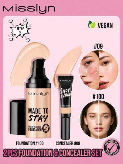 مجموعة أساس وكونسيلر من ماركة MISSLYN - 2 قطعة، أساس مقاوم للماء وطويل الأمد، بشرة متناسقة، مقاوم للماء وطويل الأمد، لا يترك بقع، ملمس ناعم، تغطية عالية، مغذي للبشرة