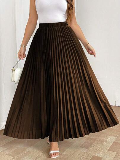 SHEIN Tall تنورة نسائية فضفاضة مطوية بخصر مطاطي، أنيقة وكاجوال للعطلات، باللون الأسود، مقاس كبير