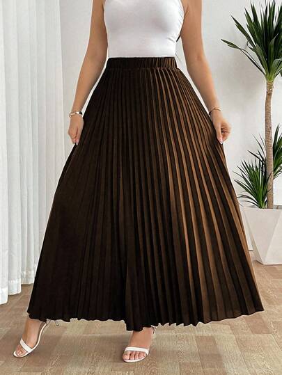 SHEIN Tall تنورة نسائية فضفاضة مطوية بخصر مطاطي، أنيقة وكاجوال للعطلات، باللون الأسود، مقاس كبير