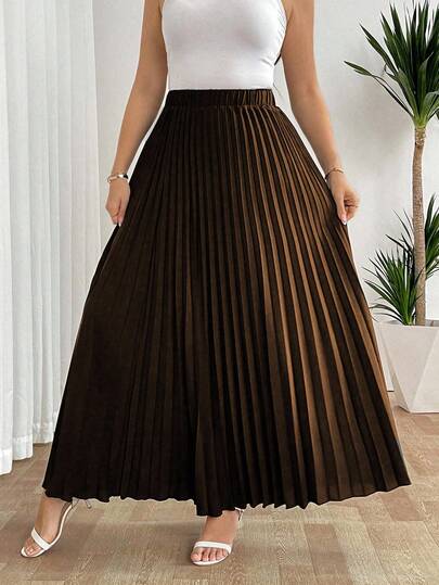 SHEIN Tall تنورة نسائية فضفاضة مطوية بخصر مطاطي، أنيقة وكاجوال للعطلات، باللون الأسود، مقاس كبير